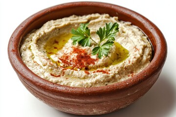 Creamy hummus bowl with paprika and parsley garnish close up capturing healthy eating mediterranean cuisine and delicious flavor profile