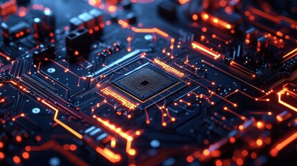 Obraz premium Illuminated Circuit Board: A Close-Up of Intricate Electronic Pathways