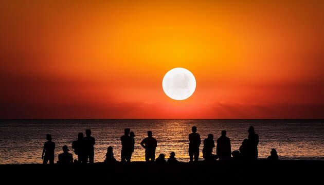 Silhouette of a group of people gathered on a beach at sunset, watching a partial solar eclipse, dramatic sky, cinematic coastal scene