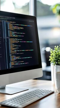 Computer screen displaying code with a plant and coffee cup in a bright modern workspace during the day