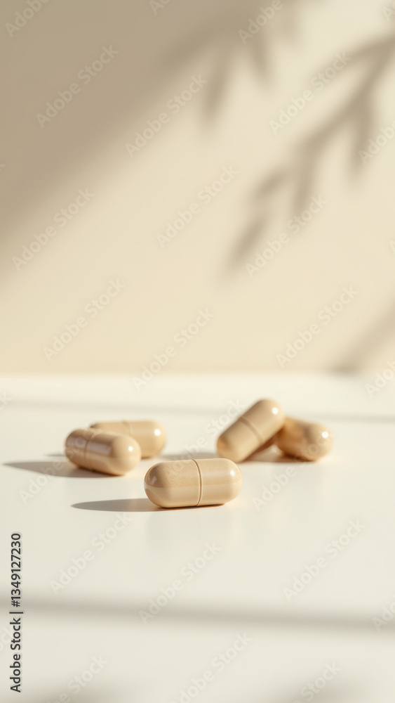 Poster a close-up photograph of a stack of magnesium glycinate capsules on a light-colored surface with sof