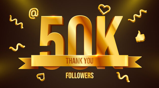 50k or 50000 followers thank you. Golden numbers with ribbon. Social Network friends, followers, Web users. Subscribers, followers or likes celebration.