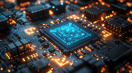 Obraz premium Futuristic AI Microchip with Glowing Neural Connections on High-Tech Circuit Board