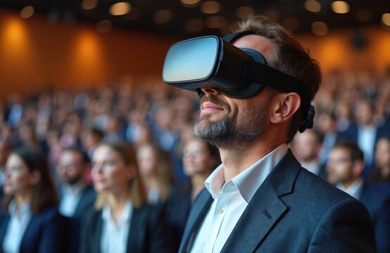Senior business man wearing VR virtual reality goggle glasses in auditorium convention hall. Audience of business people in background. Digital innovation, tech, futuristic, simulation, modern,