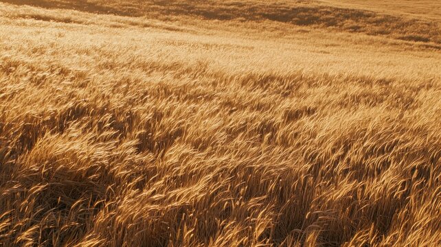 Warm golden wheat field background with soft sunlight filtering through and gentle wind moving the grains. Semi-realistic scene emphasizing peace, nature, and calm countryside mood.
