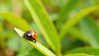Fototapeta premium Intricate ladybug perched on green leaf, nature's details