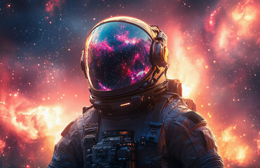Astronaut in cosmic suit exploring vibrant neon nebula space scene