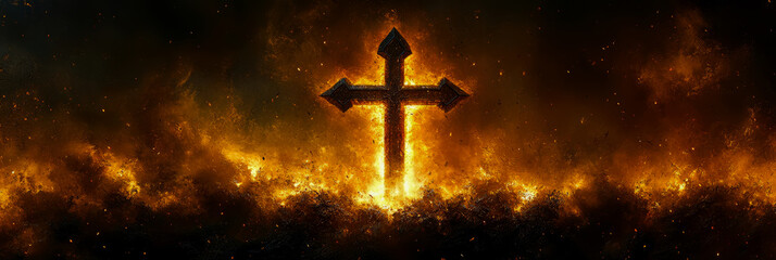 Fototapeta premium Concept: Fiery cross of faith, hope, and divine power, for print or religious event