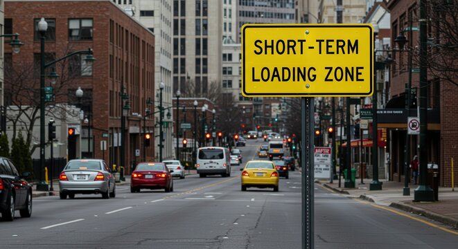 Short-term Loading Zone Sign in Urban City Street Scene