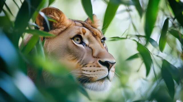 Lioness peers through lush foliage, her gaze alert and focused