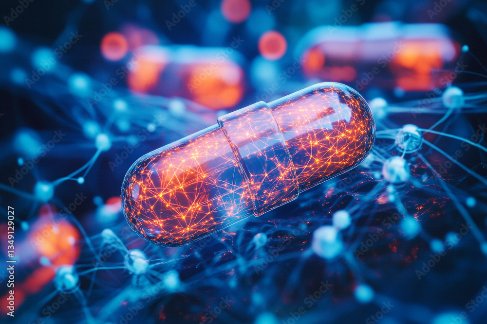 Poster a close up of a capsule with orange network inside and blue molecular structures in the background