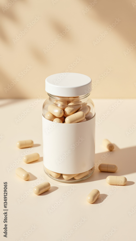 Poster magnesium glycinate supplements in a white jar with a label on a light-colored surface.