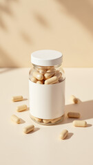 Magnesium Glycinate supplements in a white jar with a label on a light-colored surface.