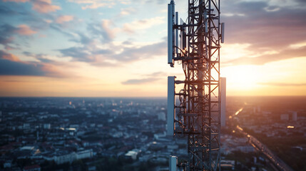 Cell tower against a sunset sky overlooking a city with antennas and communication technology