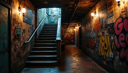 Underground club staircase graffiti music posters in dim light. Urban scene with artistic walls, creative advertising. Mysterious atmosphere, exciting nightlife, hidden art space.