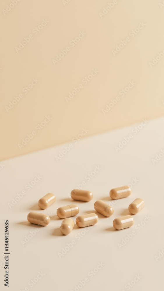Poster image of a cluster of white magnesium glycinate capsules on a table with a gradient background.