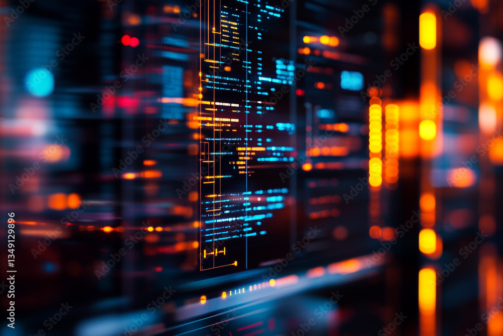 Poster abstract digital display showing blue and orange data points with a blurred background