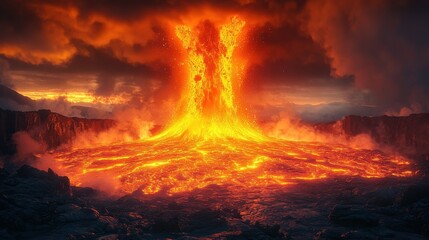 Dramatic Volcanic Eruption with Fiery Lava Flow and Dark Sky Background