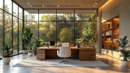 Fototapeta premium Bright Modern Office Interior with Large Windows Overlooking Green Trees