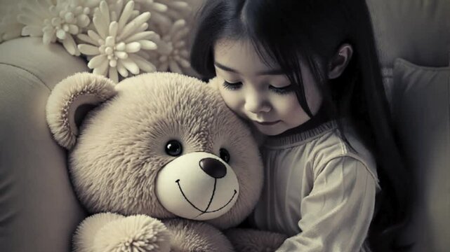 Cute girl hugging teddy bear short video, contemporary, 3d, nursery, animation, child, short clip, graphic, live video, portrait, family, character, childhood, stuffed toys, happy, home, daughter