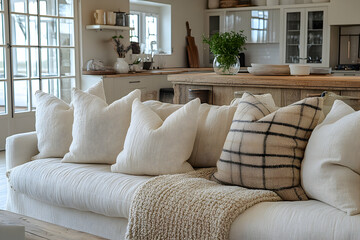 Cozy living room with a large white sofa, featuring various textured throw pillows and a chunky knit blanket.  A rustic kitchen is visible in the background