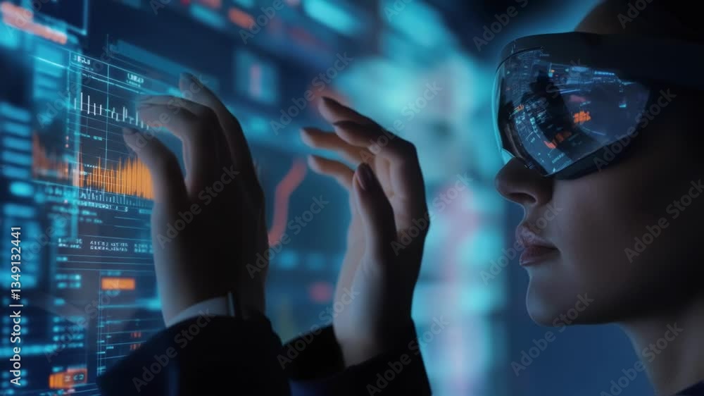 Poster an individual wearing augmented reality glasses immersed in a holographic presentation of futuristic