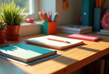 colorful stationery assortment wooden desk organization creative workspace office supplies notebooks pens pencils, clipper, binder, folder, sticky, marker