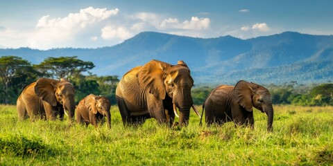 Family of Elephants Grazing in Lush Green Grassland with Mountains