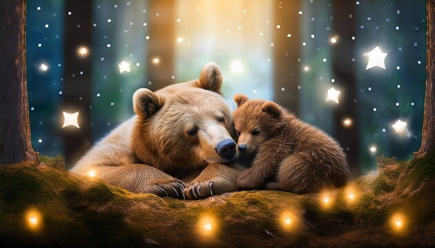 Sleepy little bear cub being gently tucked into bed by its loving mama bear in a cozy forest setting, warm soft lighting, bedtime storybook scene