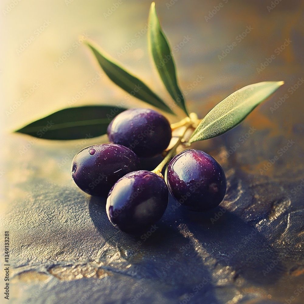 Aufkleber freshly picked black olives with leaves resting on stone surface in studio lighting and moody style