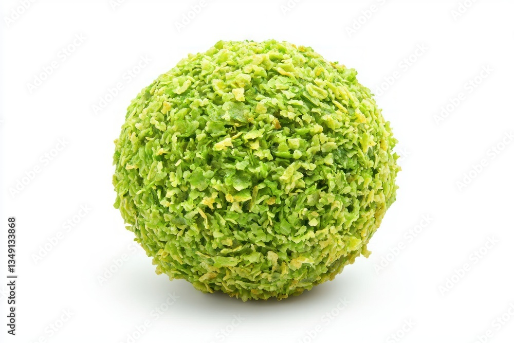 Poster green crunchy coated ball displayed on white background in studio shot close up eye level view