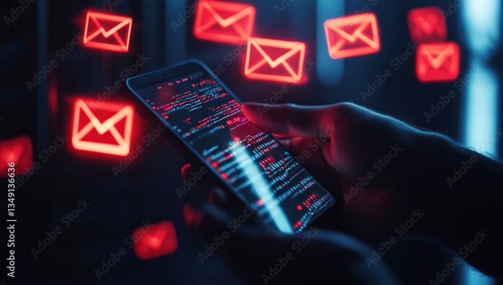 Poster person using smartphone with glowing red email notifications in dark setting