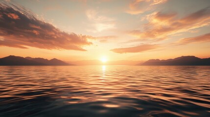 Obraz premium A stunning sunset over tranquil waters, with colorful clouds reflecting on the surface and mountains silhouetted against the horizon.