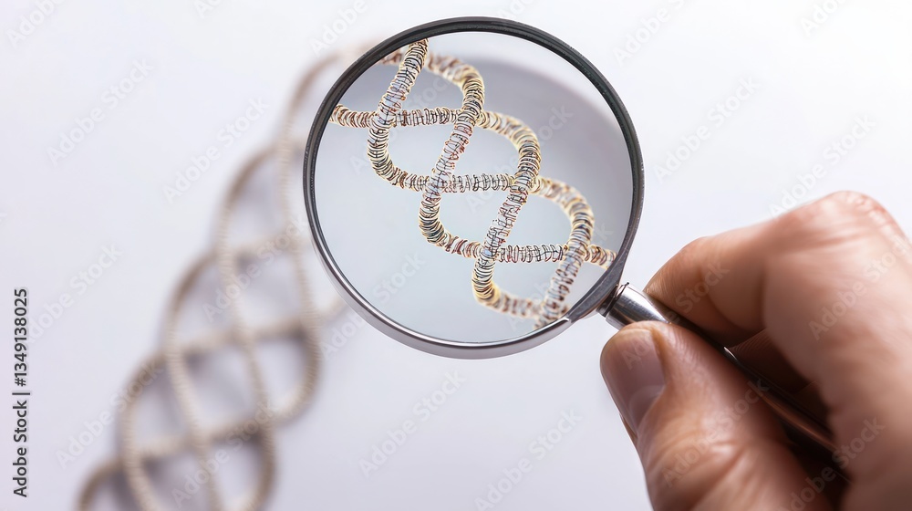 Poster magnified view of dna helix structure through a lens in a laboratory analysis with science backgroun