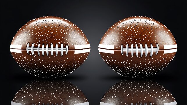 Two American footballs with textured surface and reflections.