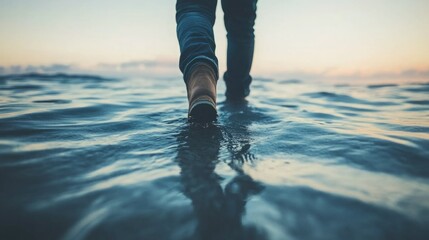 A person walks into the calm ocean water at sunset. The image is peaceful and serene.