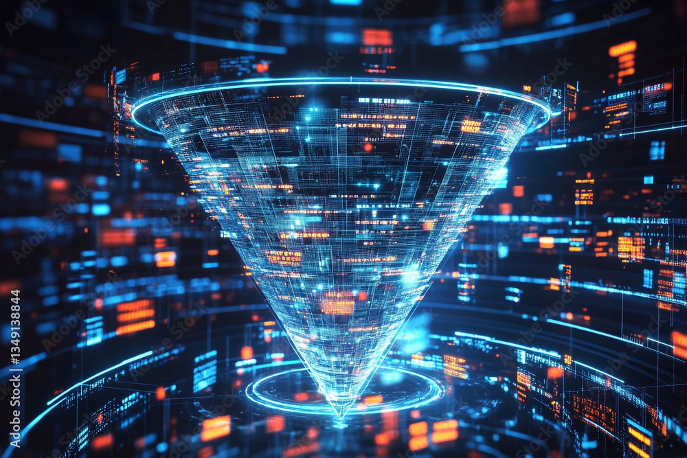 Aufkleber abstract digital funnel with glowing lines and data points in a dark blue and orange background