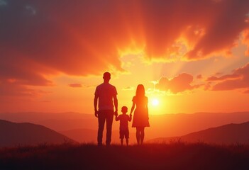 Fototapeta premium bold family silhouette dramatic sunset backdrop vibrant colors scenic horizon, dusk, tawilight, sky, clouds, scene, light, shadow, view, outline, gold