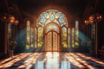 Obraz premium Grand hall with stained glass, sunlight streams through ornate entryway