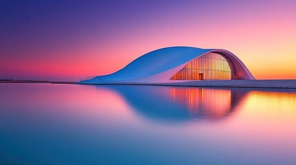 Obraz premium Modern architecture reflected in calm water at sunset