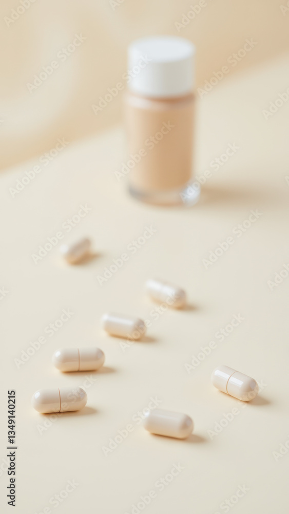 Poster magnesium glycinate capsules on a table with a bottle of the supplement.