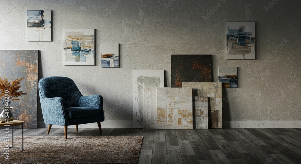 Poster a room with a blue chair and a vase on a table