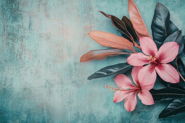 Beautiful pink hibiscus flowers with green leaves arranged on a textured turquoise background, perfect for summer themed designs or tropical concepts