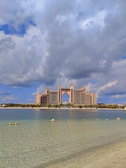 Fototapeta premium Island in Dubai, United Arab Emirates, Jan 28, 2023, The Palm Jumeirah view from the pointe sign