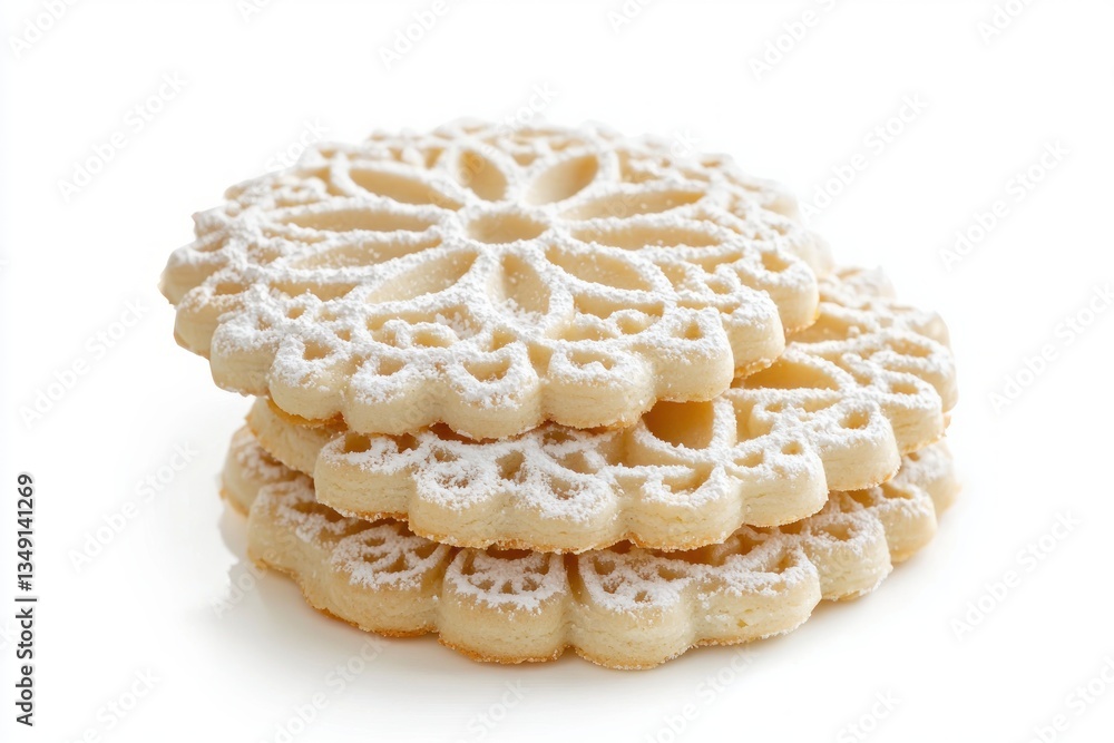 Poster stack of three decorative cookies with powdered sugar isolated on white background in studio light