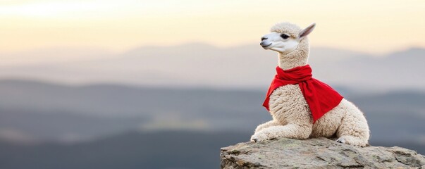 A serene llama sits on a rock, draped in a red scarf, against a backdrop of soft mountains and a tranquil sky.