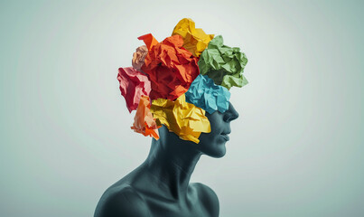 Surreal Conceptual Portrait of a Person with Colorful Crumpled Paper Head, Creativity and Abstract Thought Representation