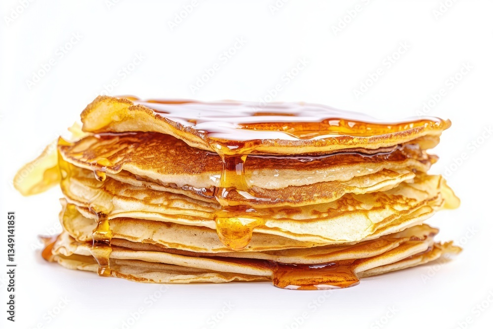 Poster golden pancakes with honey syrup cascade in captivating stack on white backdrop creating breakfast m