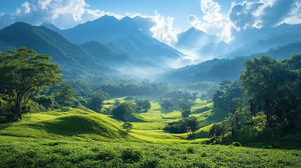Serene blue skies, hazy mountains, and lush green rolling hills create a tranquil, naturally beautiful landscape.