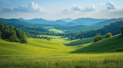 Obraz premium Serene blue skies, hazy mountains, and lush green rolling hills create a tranquil, naturally beautiful landscape.
